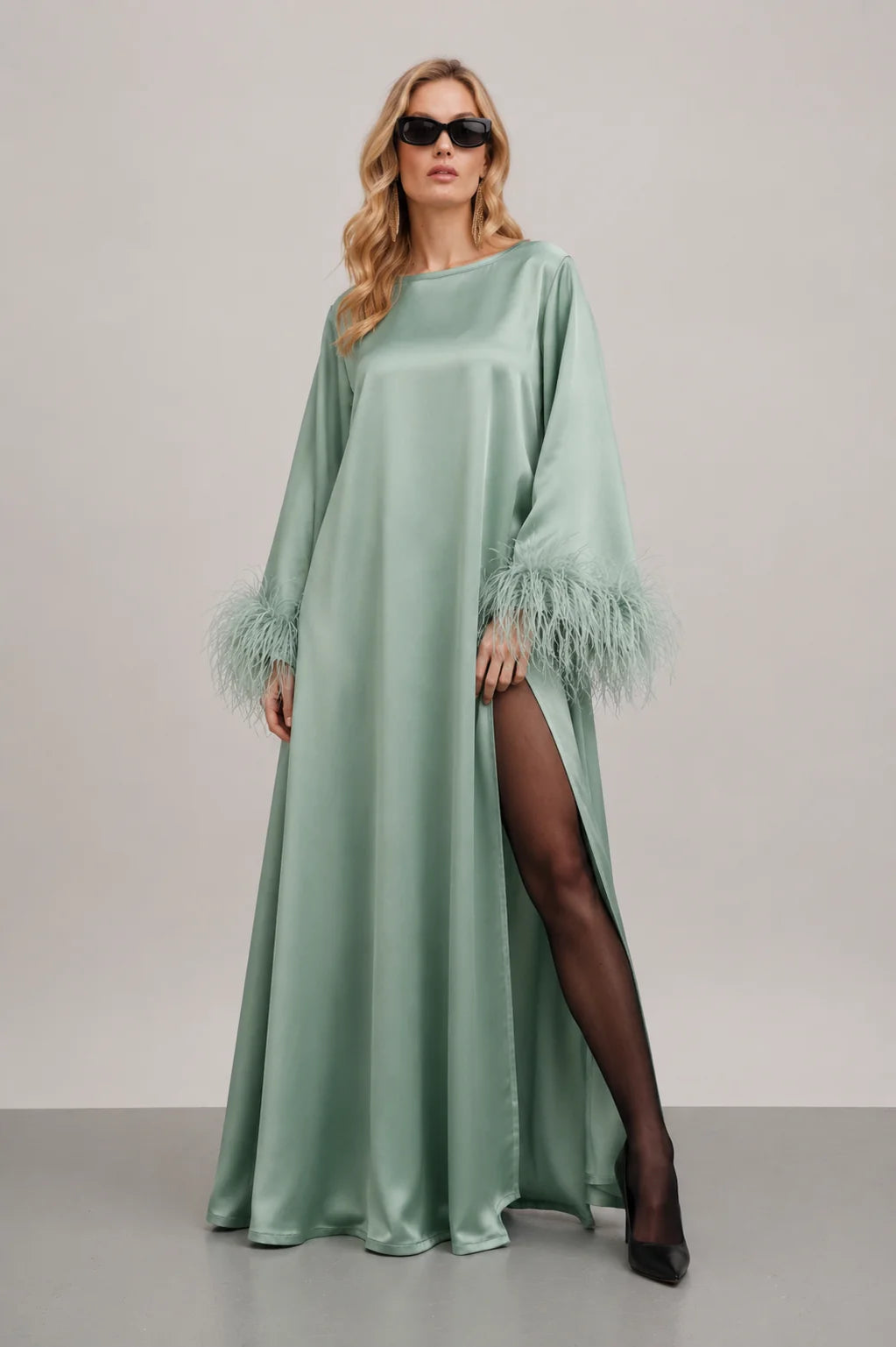 The "Sienna" Feather-Cuff Satin Maxi Dress