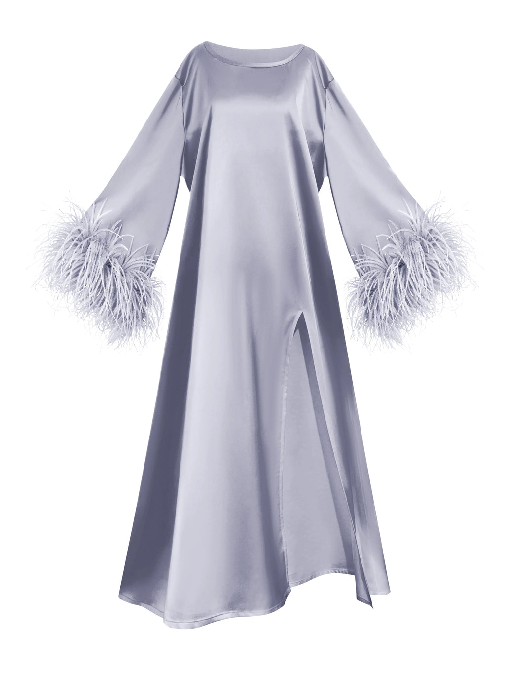 The "Sienna" Feather-Cuff Satin Maxi Dress in Lilac