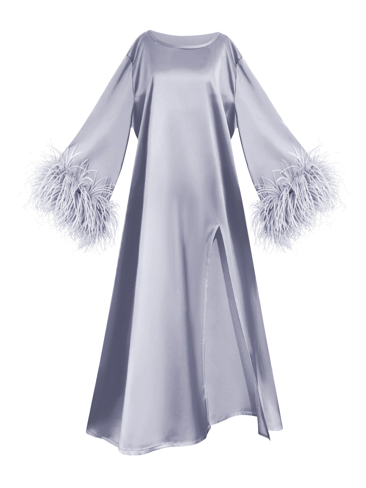 The "Sienna" Feather-Cuff Satin Maxi Dress in Lilac