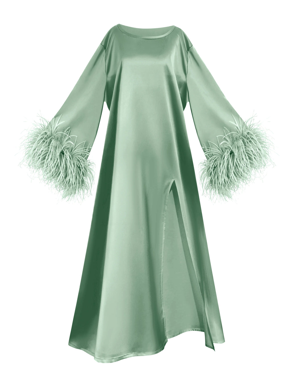 The "Sienna" Feather-Cuff Satin Maxi Dress