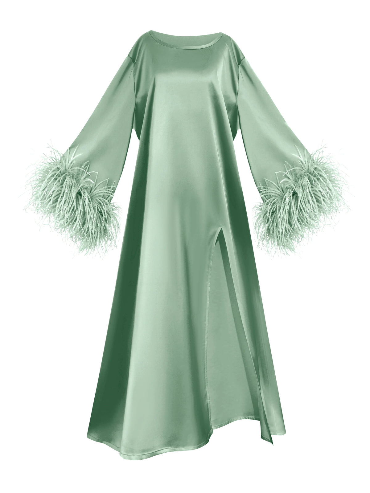 The "Sienna" Feather-Cuff Satin Maxi Dress