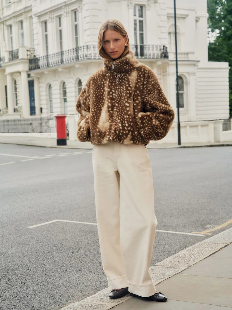 Brown Animal Print Faux Fur Funnel Neck Zip Through Deer Jacket