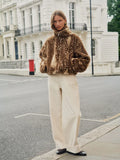 Brown Animal Print Faux Fur Funnel Neck Zip Through Deer Jacket
