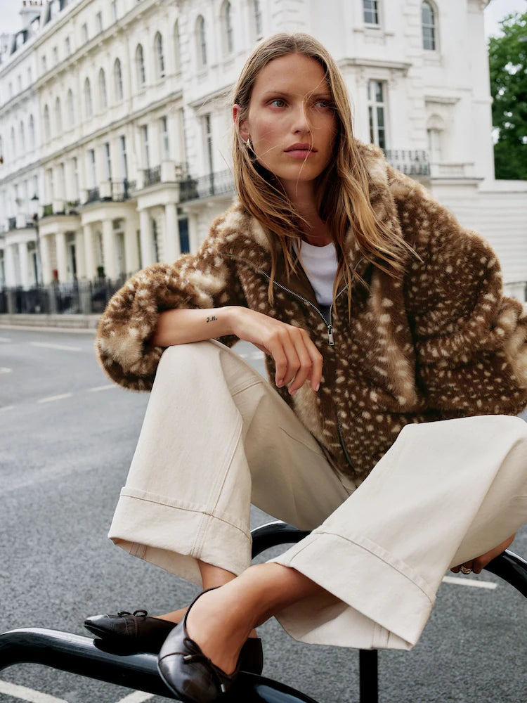 Brown Animal Print Faux Fur Funnel Neck Zip Through Deer Jacket