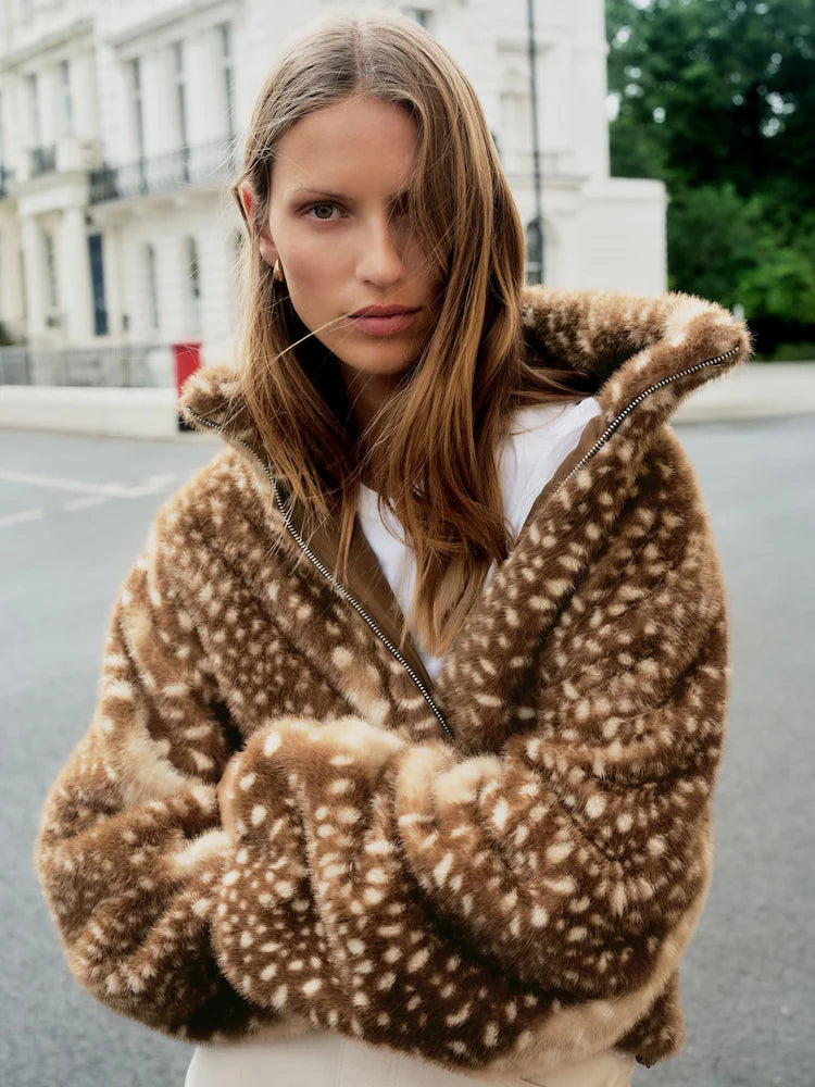 Brown Animal Print Faux Fur Funnel Neck Zip Through Deer Jacket