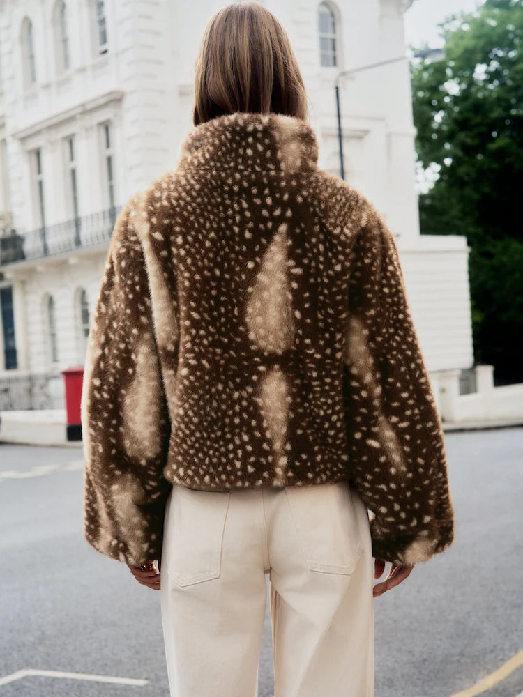 Brown Animal Print Faux Fur Funnel Neck Zip Through Deer Jacket