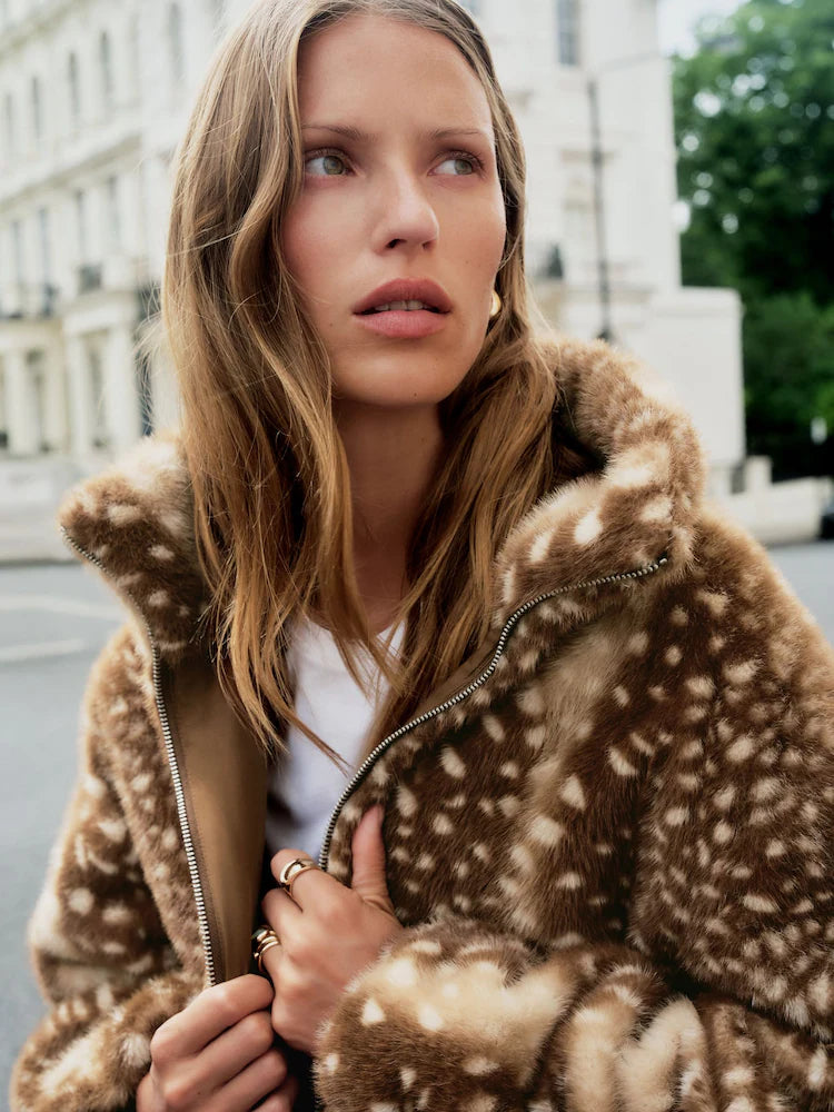 Brown Animal Print Faux Fur Funnel Neck Zip Through Deer Jacket