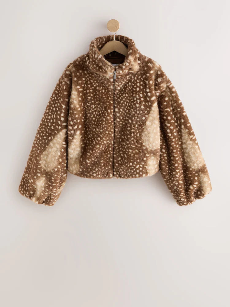 Brown Animal Print Faux Fur Funnel Neck Zip Through Deer Jacket
