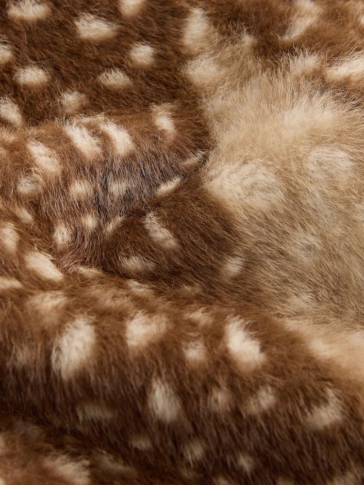 Brown Animal Print Faux Fur Funnel Neck Zip Through Deer Jacket