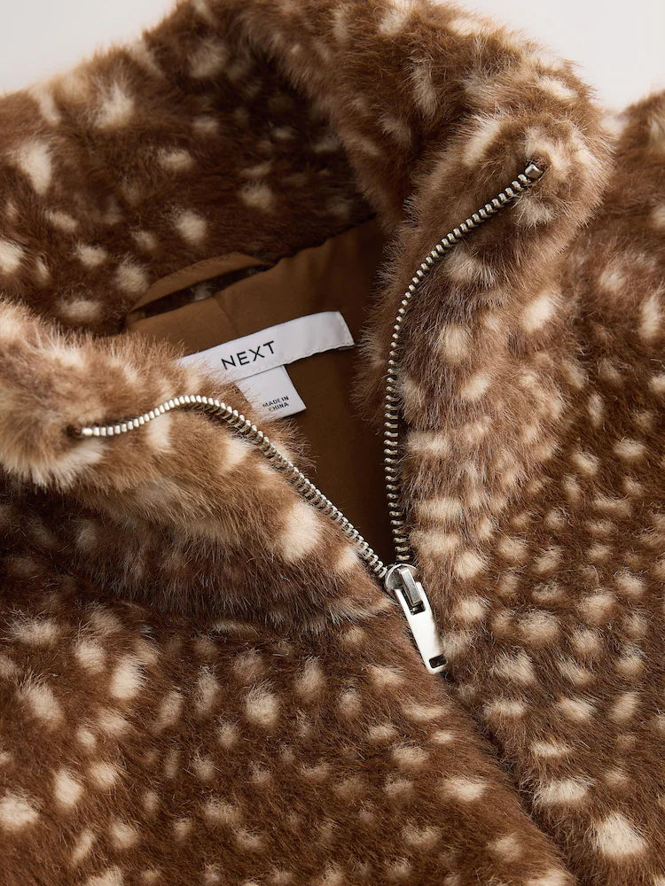 Brown Animal Print Faux Fur Funnel Neck Zip Through Deer Jacket