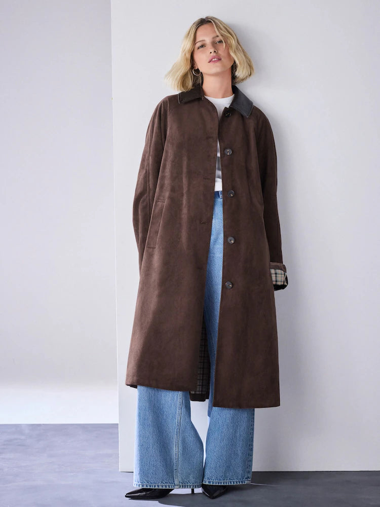 Chocolate Brown Check Lined Faux Suede Trench Coat