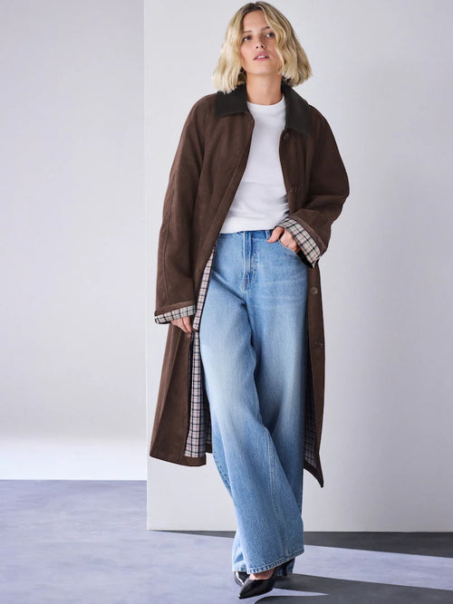 Chocolate Brown Check Lined Faux Suede Trench Coat