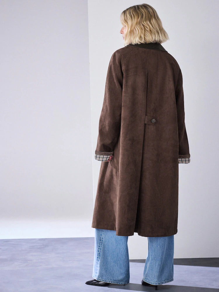Chocolate Brown Check Lined Faux Suede Trench Coat