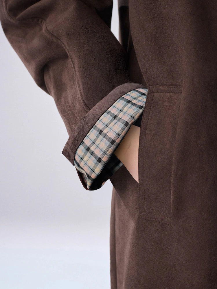 Chocolate Brown Check Lined Faux Suede Trench Coat