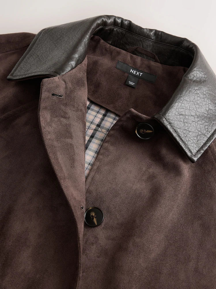 Chocolate Brown Check Lined Faux Suede Trench Coat